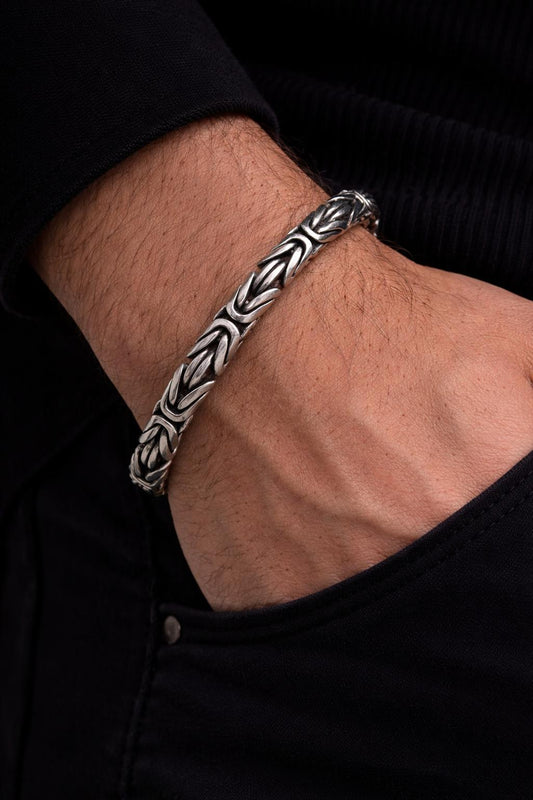 Erkek Gümüş Bileklik-9mm 925 Ayar Yuvarlak Kral Model Erkek Gümüş Bileklik