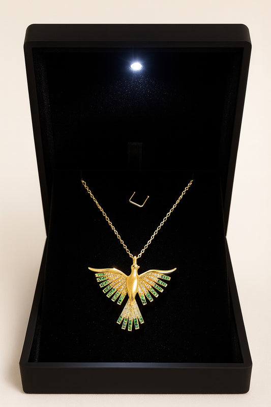 Yeşil Taşlı Altın Kaplama Anka Kuşu Kolye – 925 Ayar Gümüş Zarif Tasarım