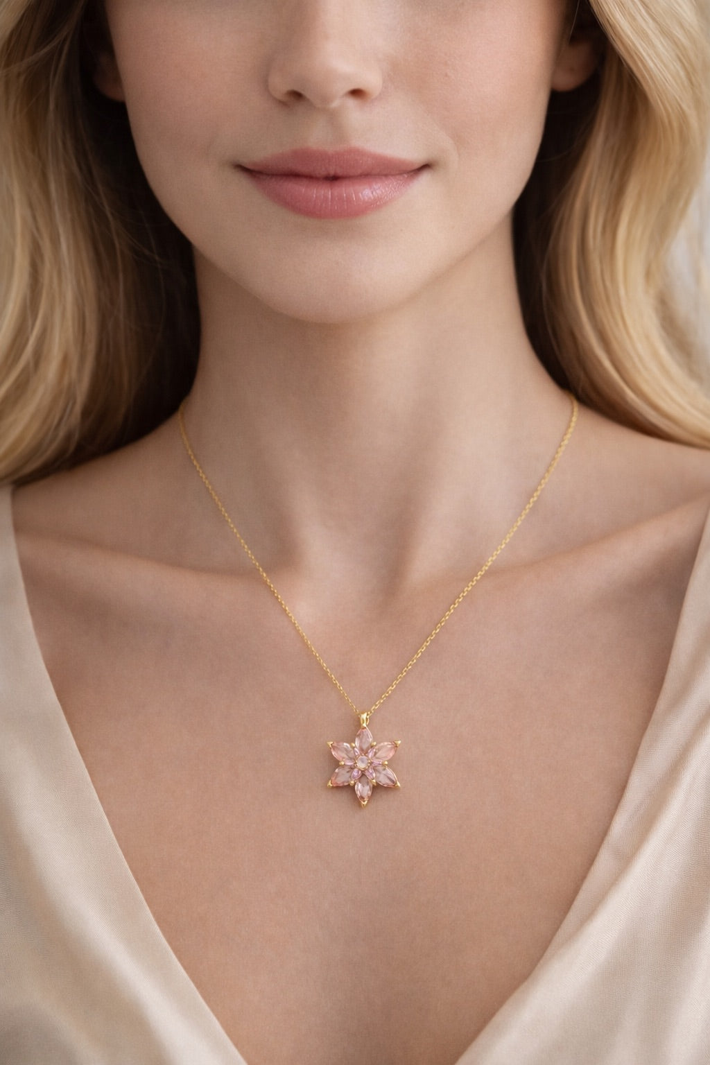 Zarif Tasarım Pembe Taşlı Lotus Çiçeği Gümüş Kolye